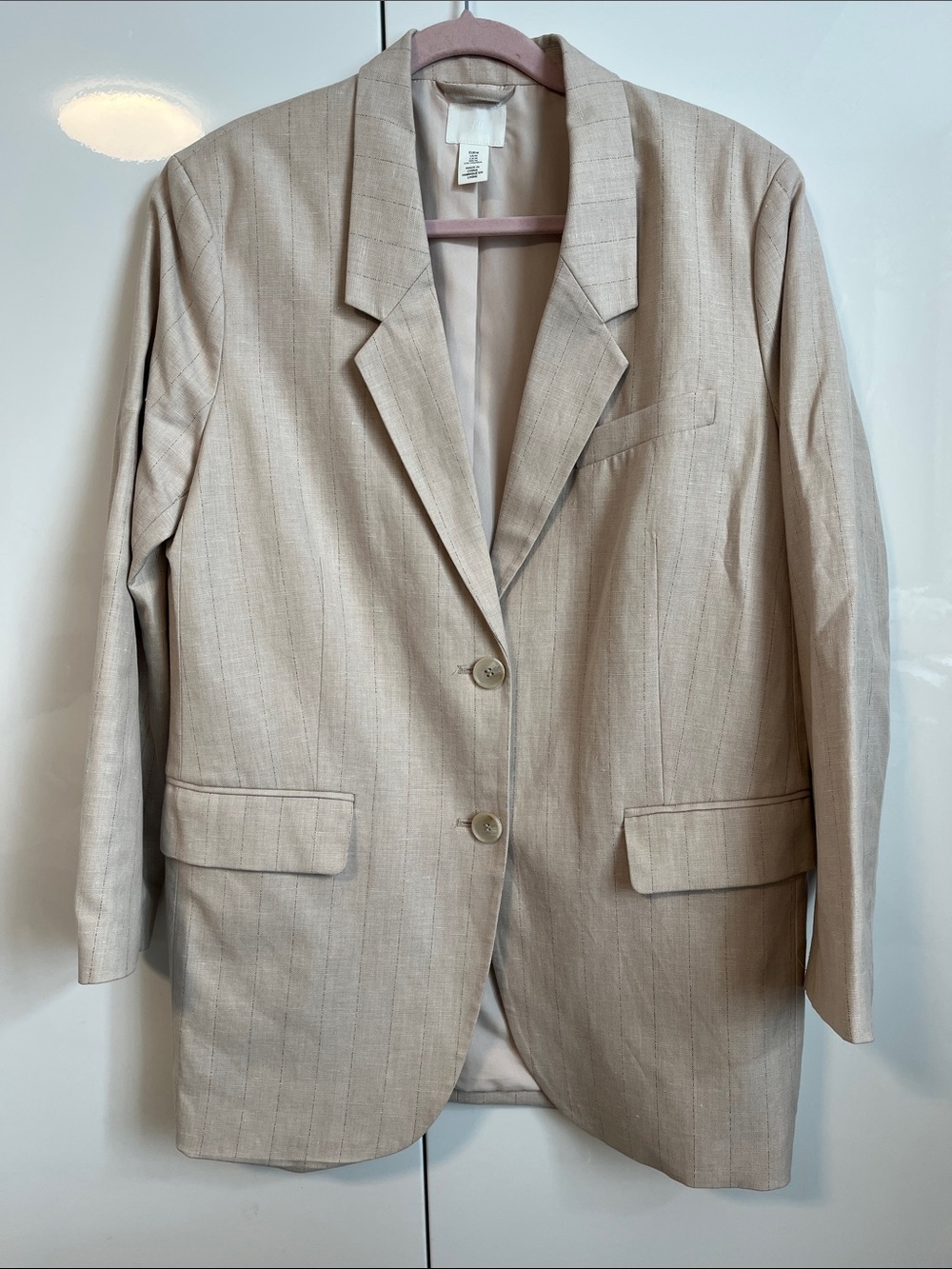 H&M NWOT Beige Black Stripe Long Women's Linen Blazer Lined, Size M